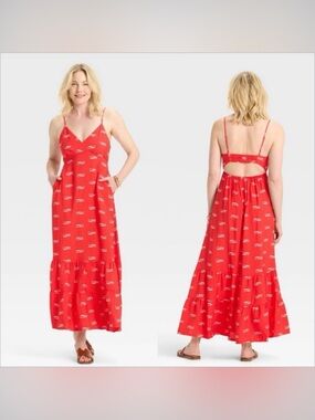 Red Spaghetti-Strap Maxi Dress with Cutout Back boho summer resort wear XXL NWT